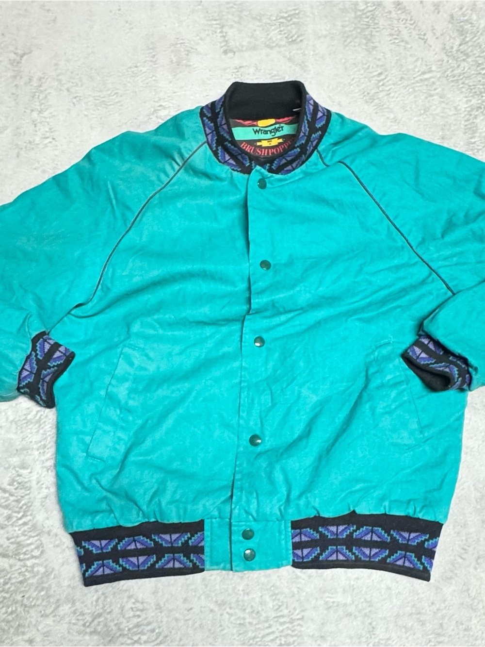 Vintage 80’s Wrangler Brushpopper Aztec Jacket Size M. Teal Southwestern.